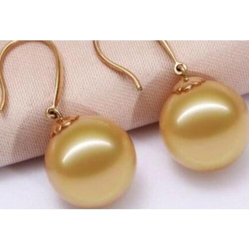 Free shipping >>>>noble jewelry Beautiful a pair 10-11mm AAA south sea round gold pearl dangle earrings 14k