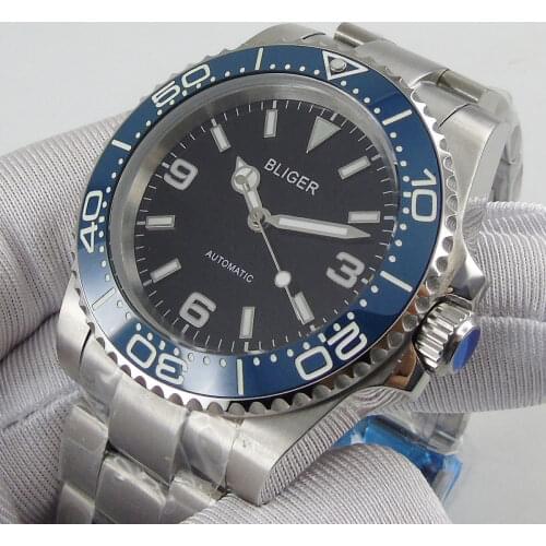 BLIGER 40mm Sub Self Winding Men Watch NH35A Movement Brushed Oyster Strap Ceramic Insert Sapphire Glass Screw Down Crown