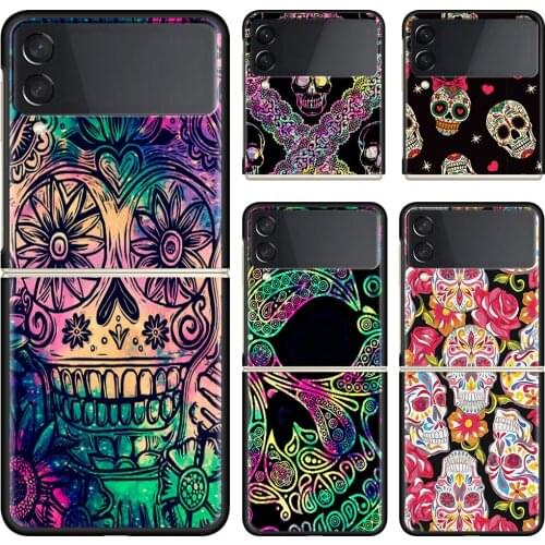 Phone Case For Samsung Galaxy Z Flip 3 5G Black Hard Cover ZFlip 3 Luxury Shockproof Bumper Cases Fundas Cool Flower Skull Art