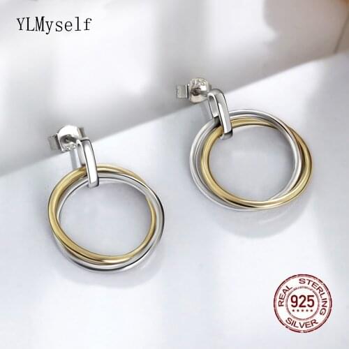 Pure Sterling Silver Circle Round Earrings 2 Tone color OL Design Real 925 Fine Jewelry For Lady