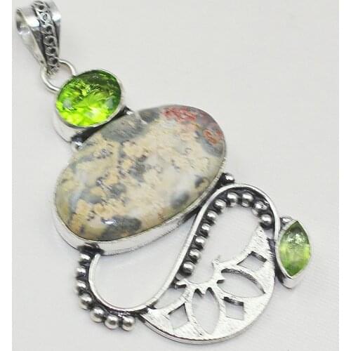 Jaspper & Peridot Pendant Silver Overlay over Copper , 69 mm, P0851