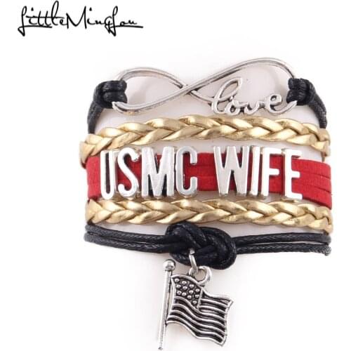 Little MingLou Infinity love USMC wife Bracelet US flag Charm leather wrap bracelets & bangles for Women jewelry wife gift