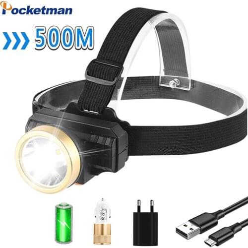 200W Pocketman Powerful LED Headlight USB Rechargeable Headlamp 500M Long Range Waterproof Head Torch with Built-in Battery