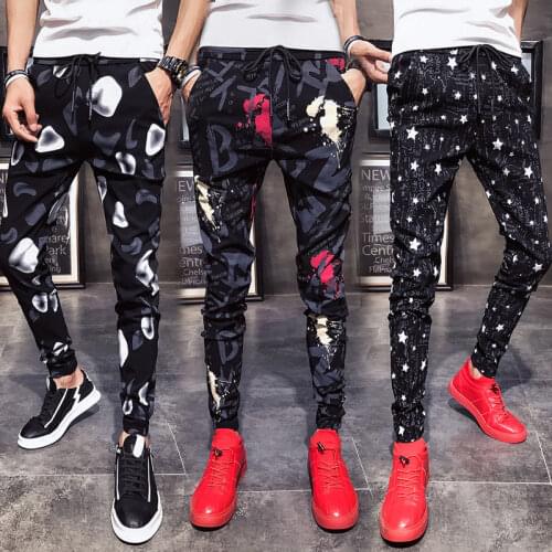 Mens Fashion Youth High Street Style Printed Casual Harem Slim Fit Jogger Korean Hip-Hop Pants Trousers For Male