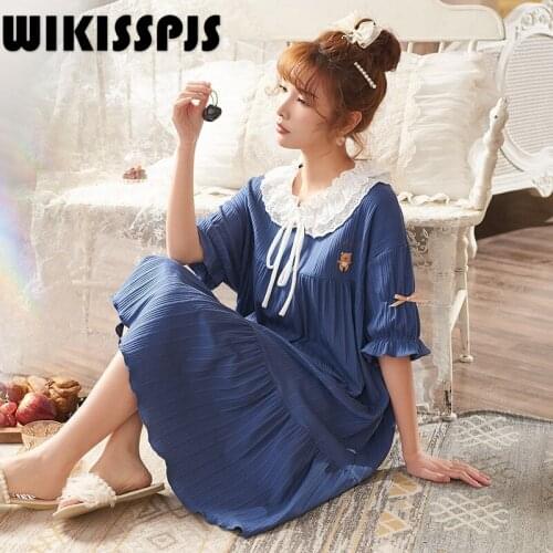 WIKISSPJS 2021 Summer New Womens Nightdress Pure Cotton Princess Palace Style Elegant Stitching Home Clothes Lace Sleepwear