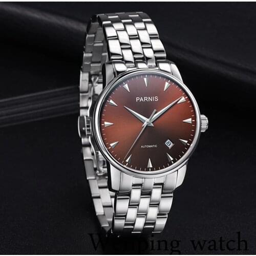 New Parnis 38MM Brown Dial Automatic Mechanical Sapphire Crystal Calendar Men Various Styles Of Watches Stainless Steel Bracelet
