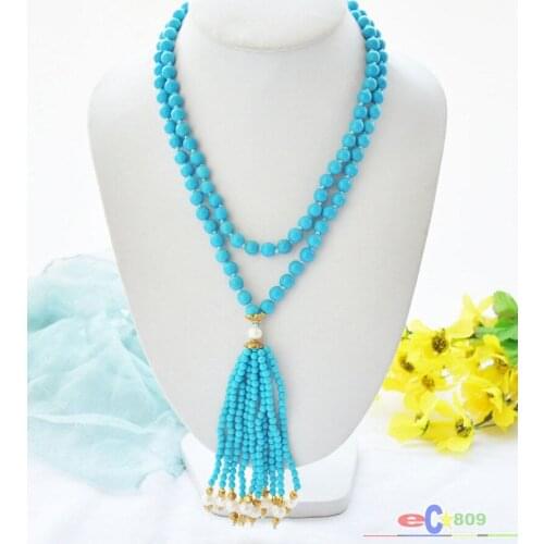 Wholesale 40" 8mm blue Natural jade bead white round pearl necklace