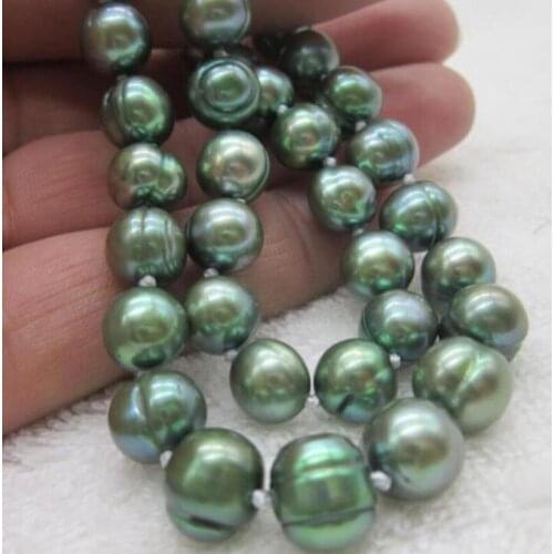 10-11mm south sea real natural deep green pearl necklace 925silver yellow clasp