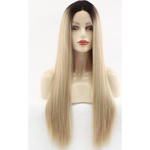 Ombre Blonde Wigs for Women Fashion Black Root Mixed Blonde Heat Resistant Synthetic Long Straight Lace Front Wig Middle Part