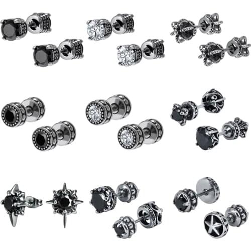 16G Punk Rock Stud Earrings Men Women Gothic Black Crystal Ear Studs Stainless Steel Earring Crown Round Retro Vintage Jewelry