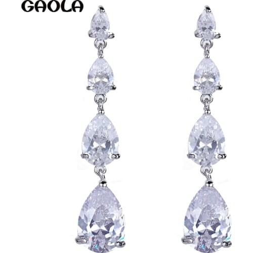 GAOLA 2016 New Luxurious CZ Crystal Silver Bridal Earrings Imitation Gemstone Jewelry Long Earrings for Women GLE3438