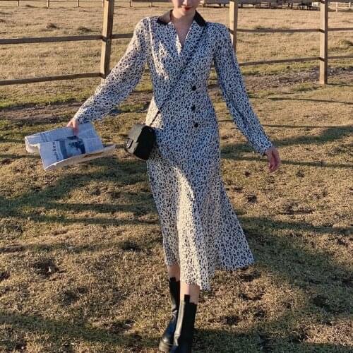 Long sleeve Chiffon Dress 2021 Spring Split fork Dress New Vintage V-neck Leopard Print Botton High waist Women Dress 654B