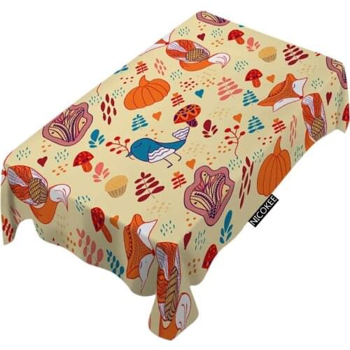 Cartoon Fox Tablecloth Autumn Fox Bird Leaves Floral Fashion Polyester Fabrics Tablecloth