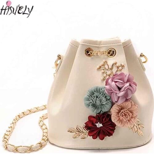 Flowers Bucket Bag Decoration Drawstring Crossbody Bags Women mini Pearl Bags Leaves Decals Shoulder Bag Floral Handbags Q6