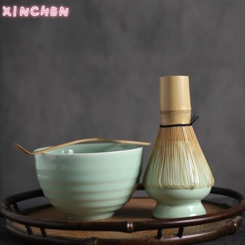 XINCHEN 4pcs/set Traditional Matcha Natural Bamboo Matcha Whisk Scoop Ceremic Matcha Bowl Whisk Holder Giftset A Tea Sets