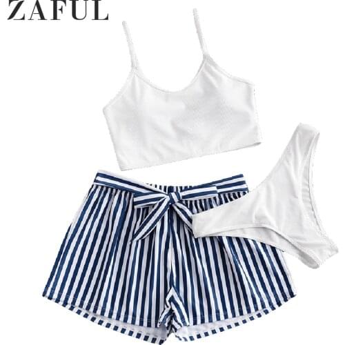 ZAFUL Ribbed Padded Bikini Swimwear with Striped Swim Shorts