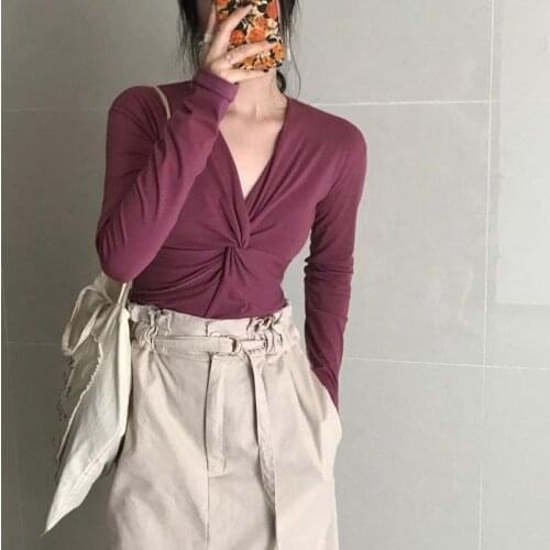 Womens Spring Autumn Style Shirt Womens Elegant Long Sleeve Solid Color V-neck Sexy Elegant Vintage Top DD8460