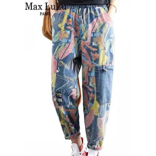 Max LuLu Korean Luxury Designer Spring Ladies Vintage Printed Jeans Womens Elastic Harem Pants Female Punk Pantalons Big Size