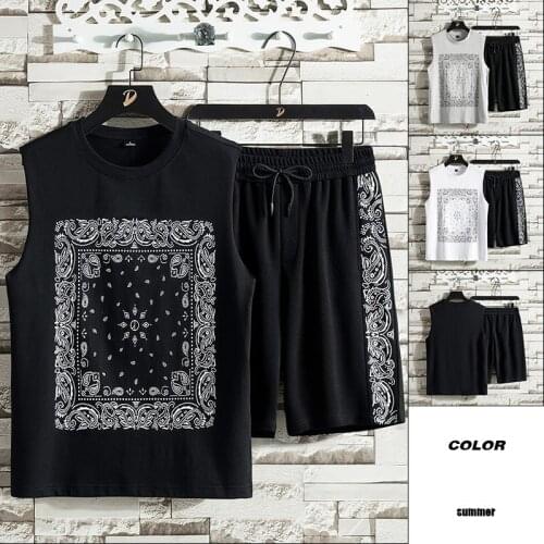 Asia Style Fashion Clothes for Men Sleeveless Vest Round Neck Male Cotton Wide Leg Pants Summer Mens Suit 2Pcs Sets Fashion New