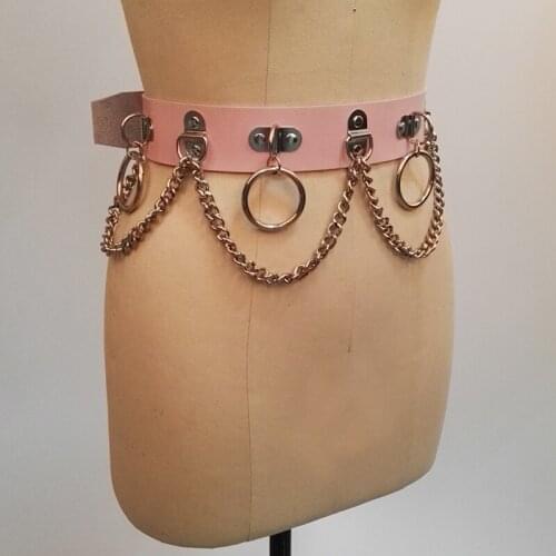 100% Handmade Unisex Men Women Real Leather Women Harness Waist Belt with Circle Punk Gothic Heavy Duty Chain Link Metal Straps