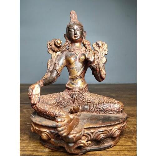 7" Tibet Buddhism Temple Old Bronze Cinnabars Green Tara Buddha Statue Dara Bodhisattva Enshrine the Buddha Holy Salvation