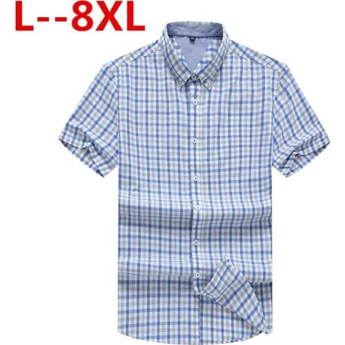 Plus 8XL 6XL 5XL 100% Cotton Short Sleeve Shirts Button Down Collar Plaid Striped Slim Fit Men Casual Shirts Brand High Quality
