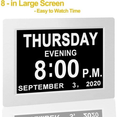 Digital Calendar Alarm Day Clock with 8" Large Screen Display am pm 5 Alarm for Extra Large Impaired Vision People Desk Mounted