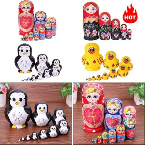 Nesting Wooden Doll Toys Penguin Pattern Russian Matryoshka Dolls DIY Embryos Russian Nesting Toy Kids Learning Painting Toys