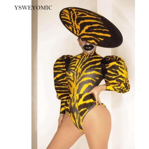 Women Zebra Pattern Tuxedo Bodysuit Cap Hat Three Pieces Set Dancer Show Wear Prom Party Bar Stage Dance Cosplay Club Outfit