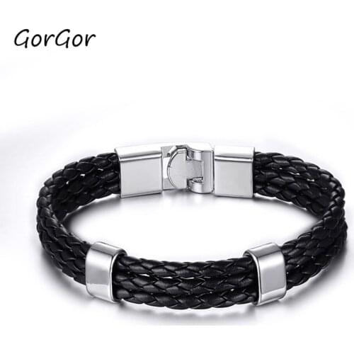 GorGor Fashion Black Stainless Steel Braided Leather High Quality Alloy Material Bracelet for Simple Men Jewelry Gift BL-030