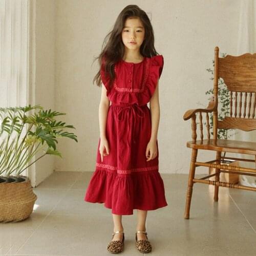 Ruffled cotton girl dress princess girl 2020 flower sleeve toddler toddler girl summer red khaki costume