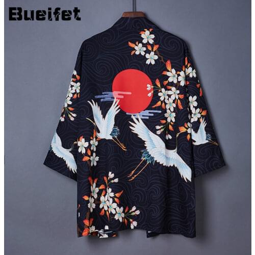 Japanese-style Crane Kimono Cardigan Harajuku Loose Blouse Summer New Men Thin Yukata Asian Clothes Beach Sunscreen Kimono