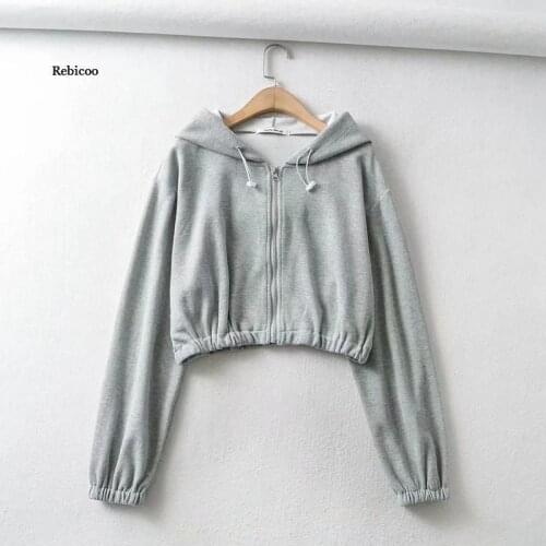Womens Cotton Zip Up Sweatshirts Autumn Spring Solid High Street Loose Hooded Short Tops Casual Clothing
