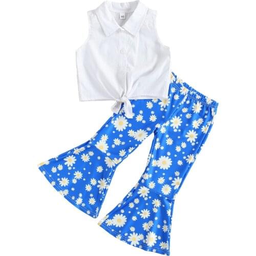2-7Y Summer Lovely Kids Girls Clothes Sets Sleeveless Single Breasted Shirts Tops Sunflowers Printed Flare Pants