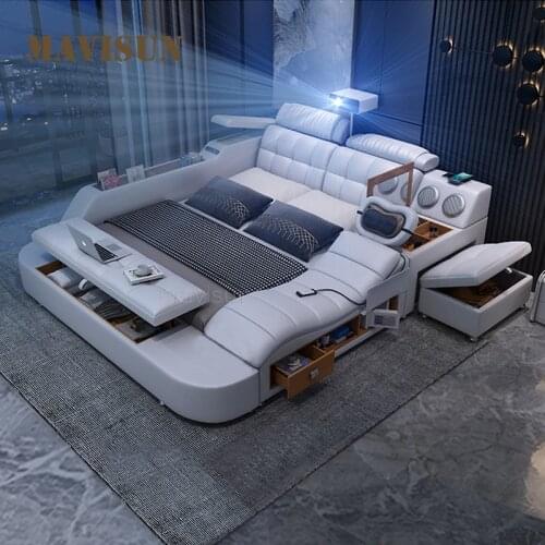 Master Bedroom Leather Double Bed Tatami With Massage Sofa Functions Nordic Style Luxury Indoor Furniture For Large Apartment