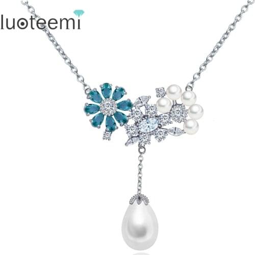 LUOTEEMI 2016 Luxury Womens Fashion Gree&Pink-Color Flower Shaped Statement Synthrtic Teardrop Pearl Necklace For Wedding Patry