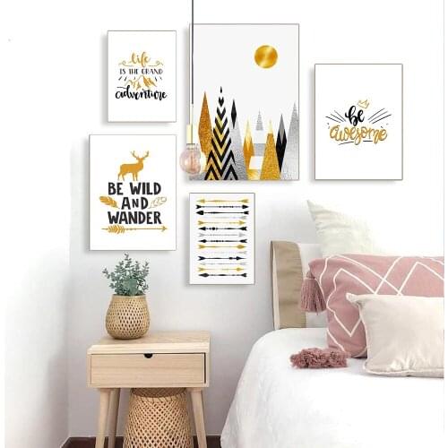 Cartoon Gold Prints Geometric Wall Art Abstract Mountains Canvas Painting Deer Poster Print Nordic Decoration Picture Home Decor