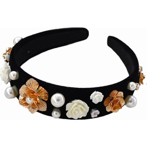 Baroque Retro Luxury Crown Hairband Fashion White Porcelain Flower Black Hair Hoop Luxury Rhinestone Trendy Hair Jewelry