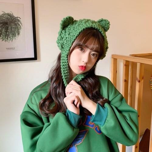 Cat Ears Hat Crochet Knitted Hat Outdoors Autumn Winter Warm Cute Ear Protective Cap Adult Beanie Hats For Ladies Bonnet