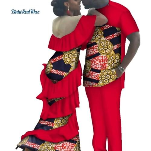 African Print Long Dresses for Women Bazin Riche Mens Shirt and Pants Sets Lover Couples Clothes African Style Clothing WYQ115