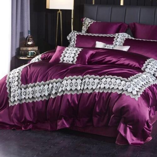 Luxury Silk-Cotton Lace Embroidered Long Staple Cotton Bedding Set Solid Duvit Cover Pillowcase King Queen 4 Pcs Sheet