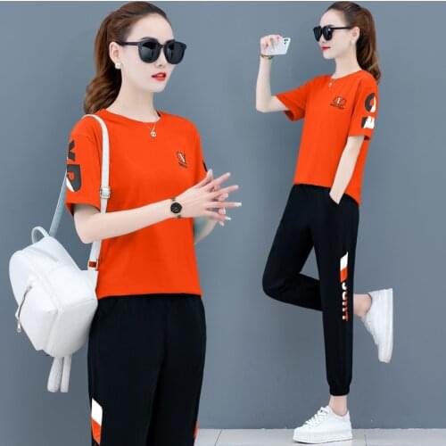 Sports 2 Piece Sets Summer 2021 New Fashion Korean Short Sleeve Loose Two Piece Set Plus Size Women Clohtes Orange Blue Black