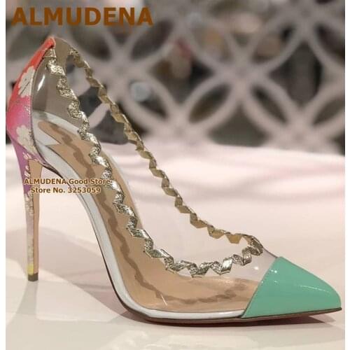 ALMUDENA Transparent Clear PVC High Heel Shoes Gold Strap Braided Wedding Shoes Women Color Patchwork 12cm Party Pumps Size45