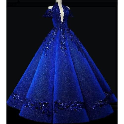 Robe De Soiree Royal Blue Sparkly Evening Dresses Crystals Prom Dresses Woman Party Night Celebrity Gowns Vestido Festa Longo