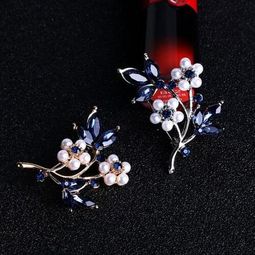 Female Blue Crystal Plant Leaf Pearl Bouquet Flower Charming Jewelry Brooches & Pins Wedding Decor Brooches