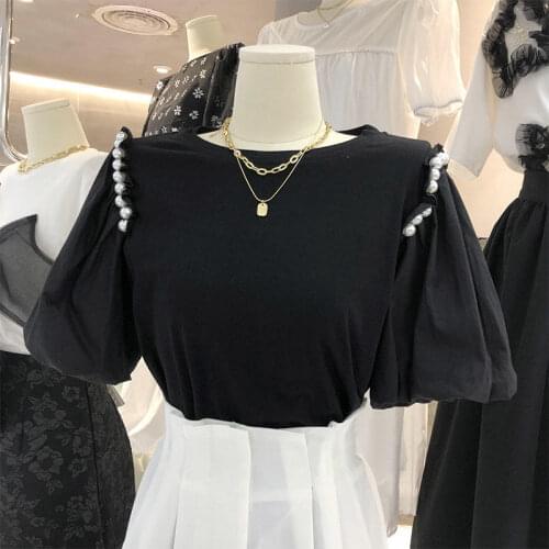 Beaded Lantern Sleeve Short Sleeve T-shirt for Women 2021 Summer New Loose All-Match Niche Half Sleeve Top