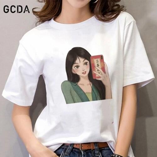 Girls Cartoon Mulan Princess Selfie Print Lady Tshirts Harajuku Top T Shirt Womens Graphic Female Disney Tee T-Shirt Dropship