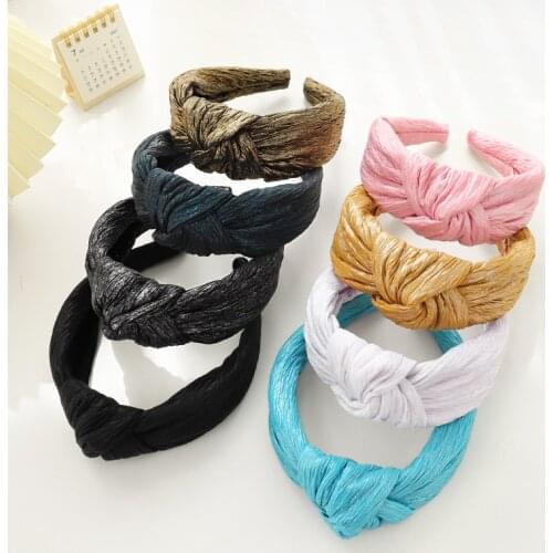 New Retro Solid Color Wide-Brimmed Folds Ladies Hair Accessories Bright Silk Fabric Simple Knotted Headband