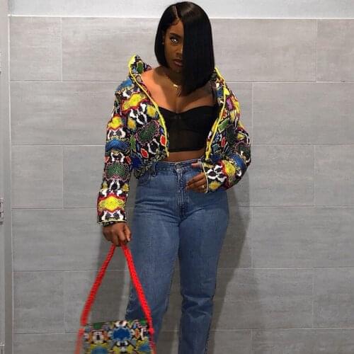 Runway Colorful Print Winter Jacket Parka Women Bubble Clothing Down Bubble Coat Warm Thick Parka Outerwear Crop Puffer Jacket