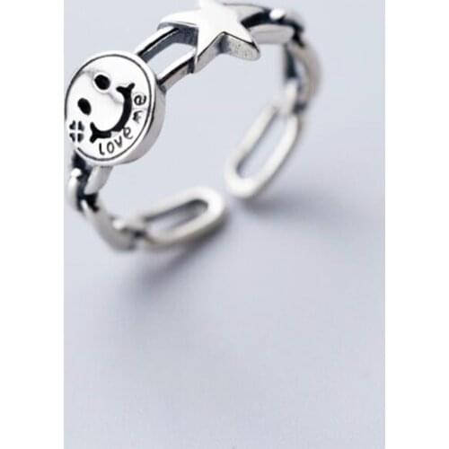 Sole Memory Retro Happy Smiley Pentagram Cute 925 Sterling Silver Female Resizable Opening Rings SRI549